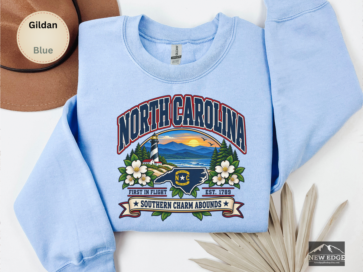 North Carolina Southern Charm Sweatshirt, Blue Ridge Mountains Lighthouse State Pride Gildan 18000 Crewneck