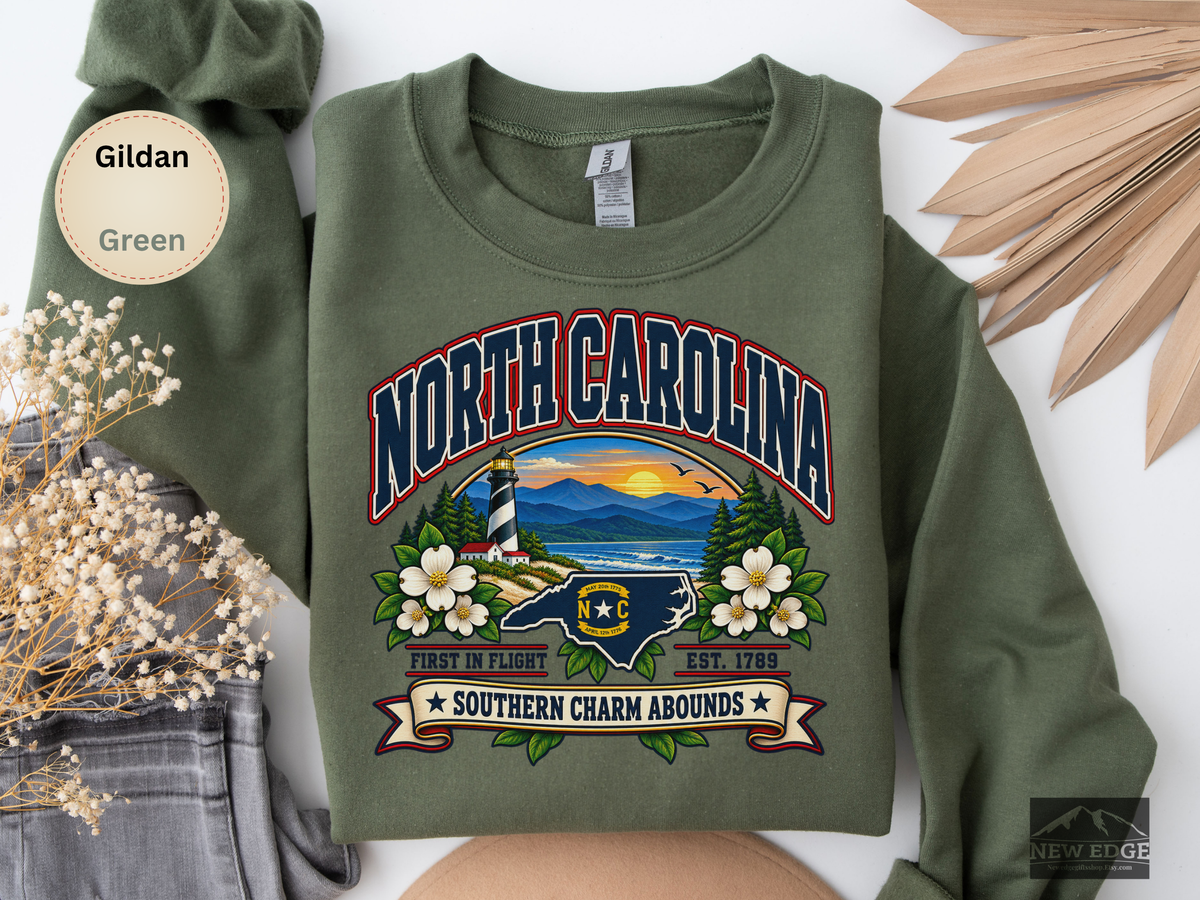 North Carolina Southern Charm Sweatshirt, Blue Ridge Mountains Lighthouse State Pride Gildan 18000 Crewneck