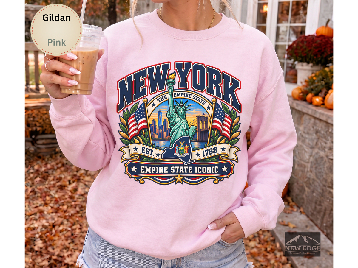 New York Empire State Sweatshirt, Vintage NYC Skyline Statue of Liberty Brooklyn Bridge Gildan 18000 Crewneck