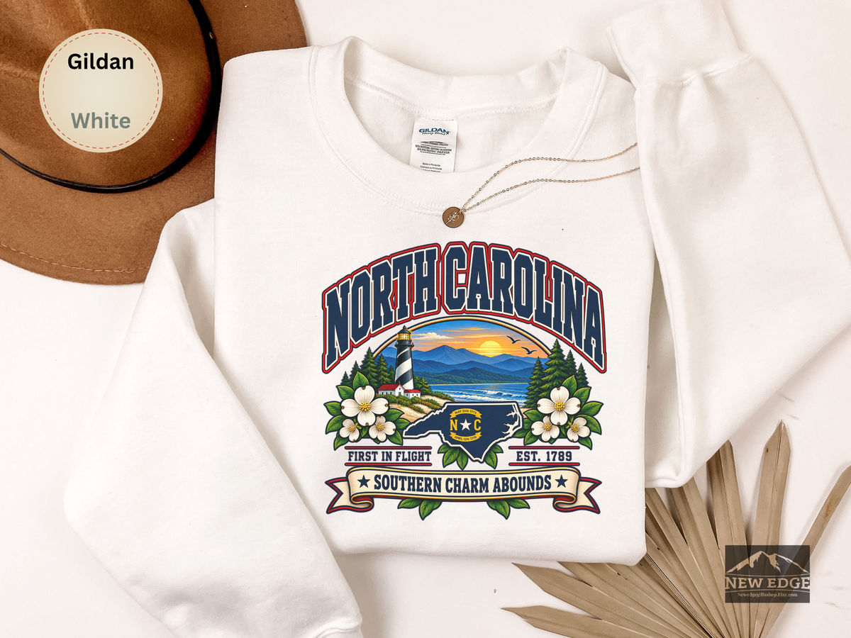 North Carolina Southern Charm Sweatshirt, Blue Ridge Mountains Lighthouse State Pride Gildan 18000 Crewneck