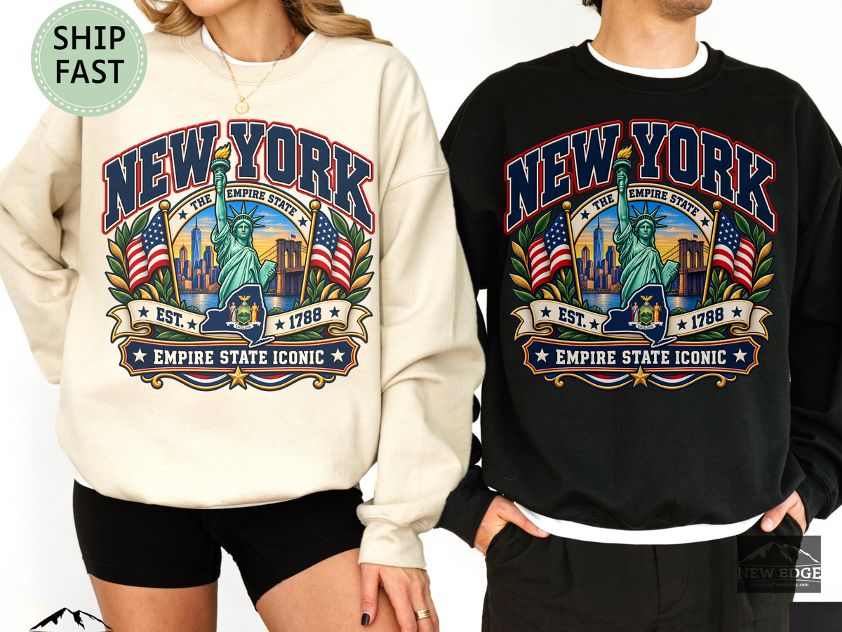 New York Empire State Sweatshirt, Vintage NYC Skyline Statue of Liberty Brooklyn Bridge Gildan 18000 Crewneck