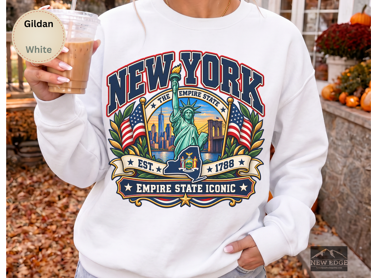 New York Empire State Sweatshirt, Vintage NYC Skyline Statue of Liberty Brooklyn Bridge Gildan 18000 Crewneck