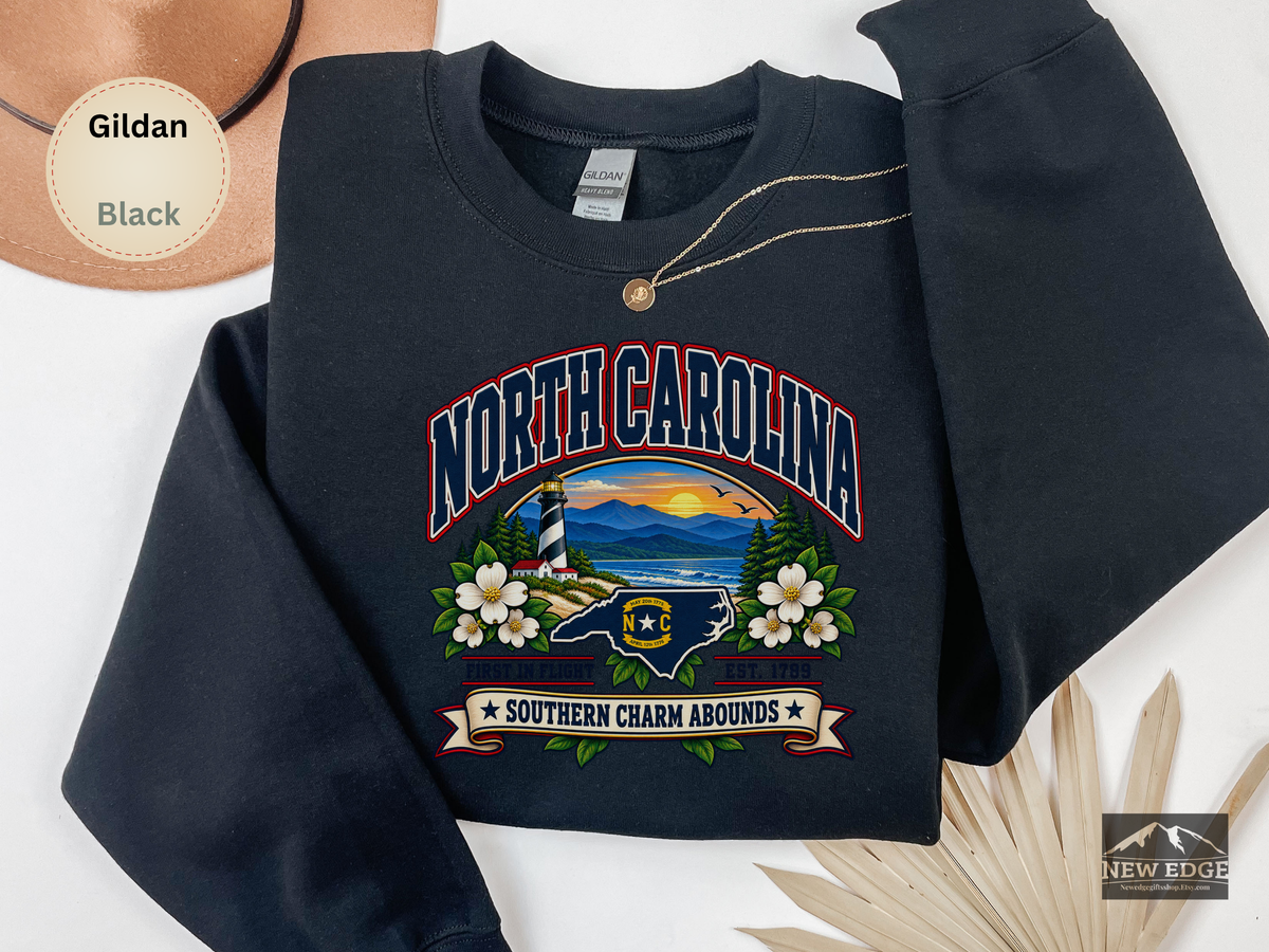 North Carolina Southern Charm Sweatshirt, Blue Ridge Mountains Lighthouse State Pride Gildan 18000 Crewneck