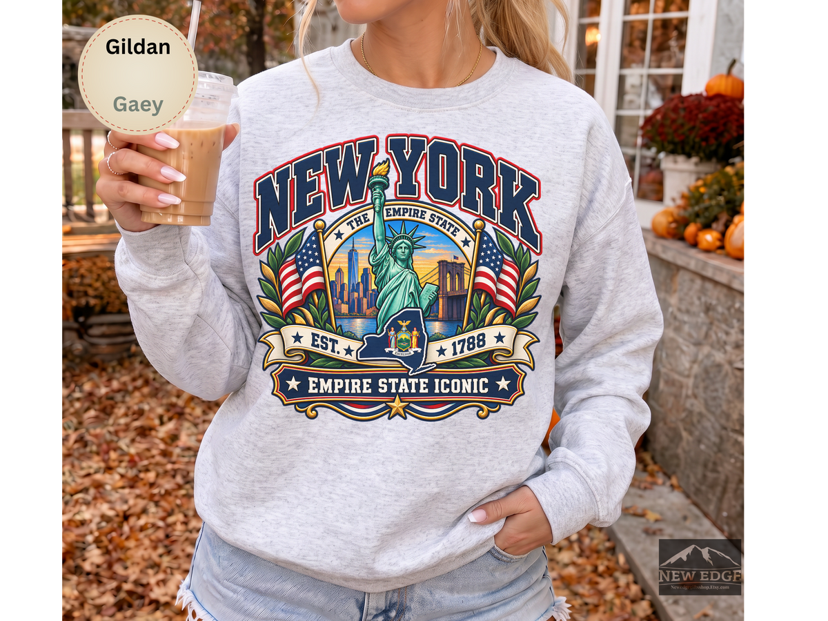 New York Empire State Sweatshirt, Vintage NYC Skyline Statue of Liberty Brooklyn Bridge Gildan 18000 Crewneck