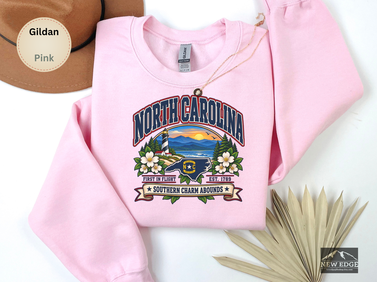 North Carolina Southern Charm Sweatshirt, Blue Ridge Mountains Lighthouse State Pride Gildan 18000 Crewneck