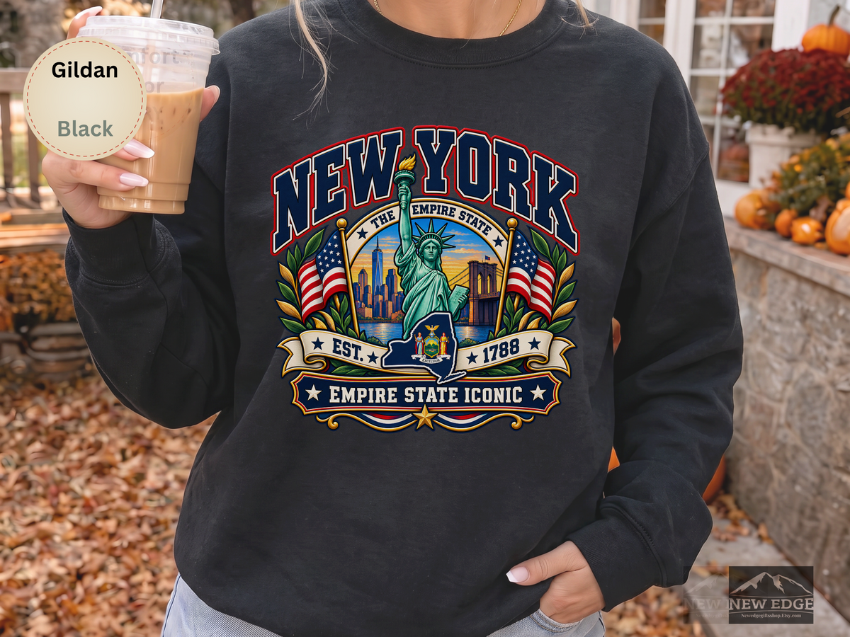 New York Empire State Sweatshirt, Vintage NYC Skyline Statue of Liberty Brooklyn Bridge Gildan 18000 Crewneck