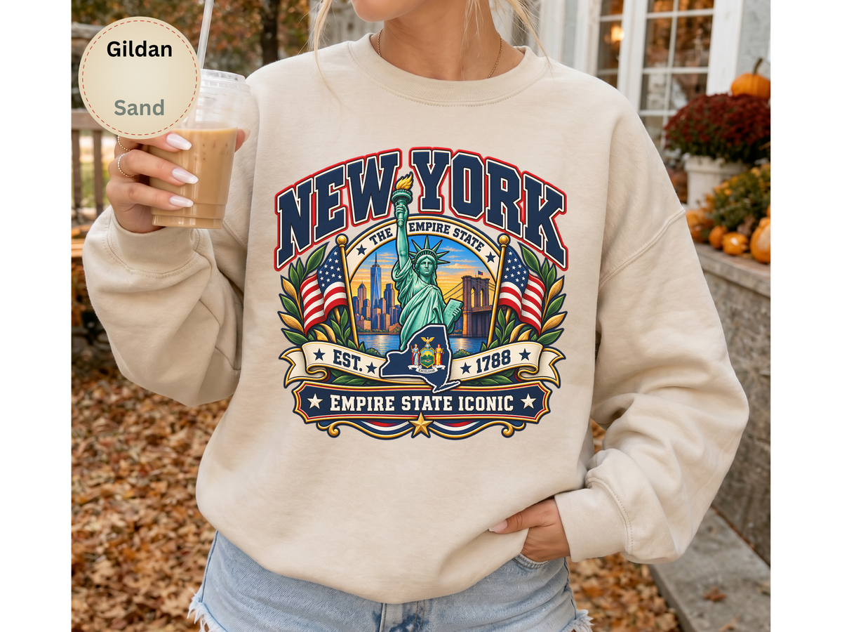 New York Empire State Sweatshirt, Vintage NYC Skyline Statue of Liberty Brooklyn Bridge Gildan 18000 Crewneck