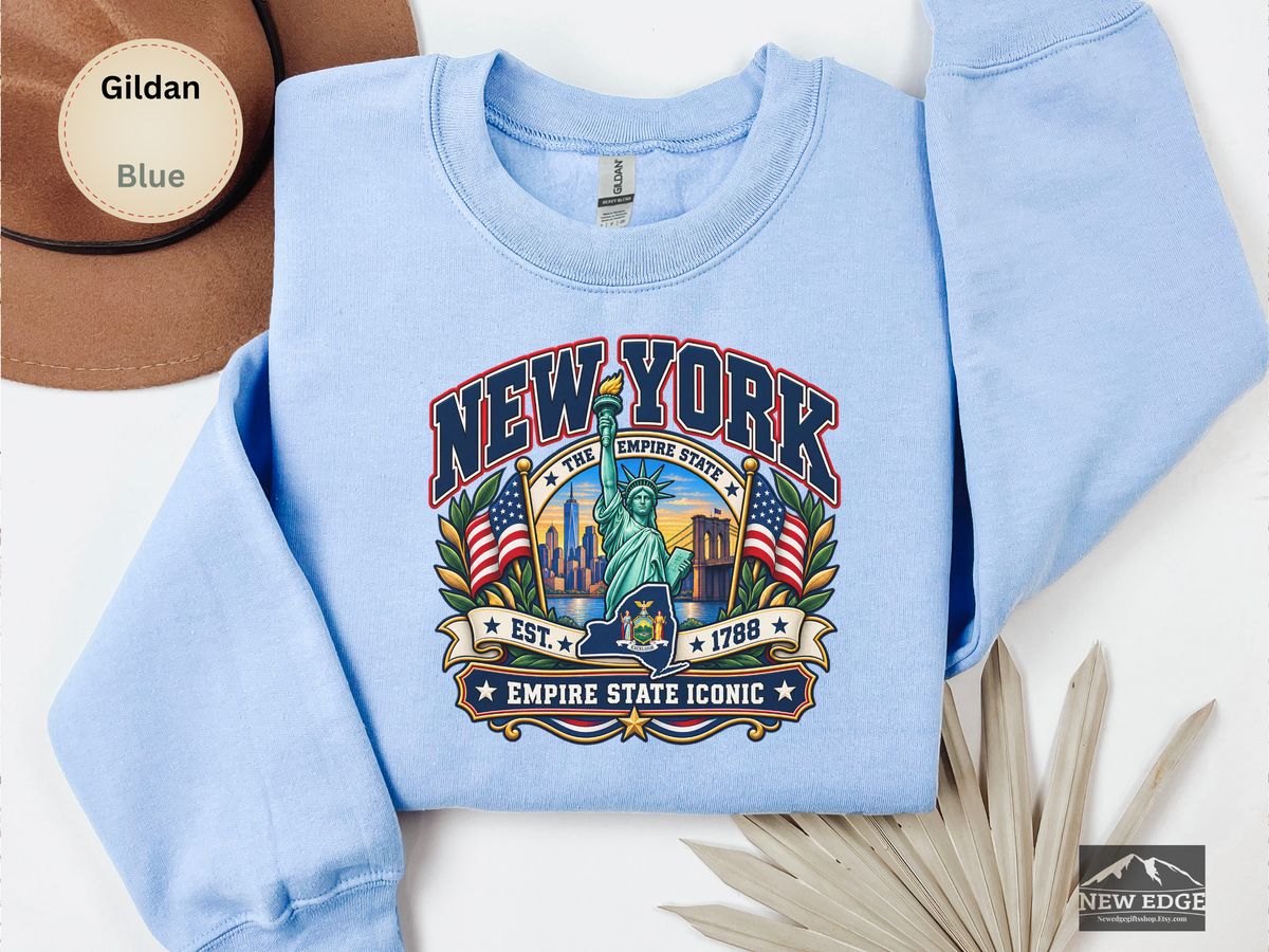 New York Empire State Sweatshirt, Vintage NYC Skyline Statue of Liberty Brooklyn Bridge Gildan 18000 Crewneck