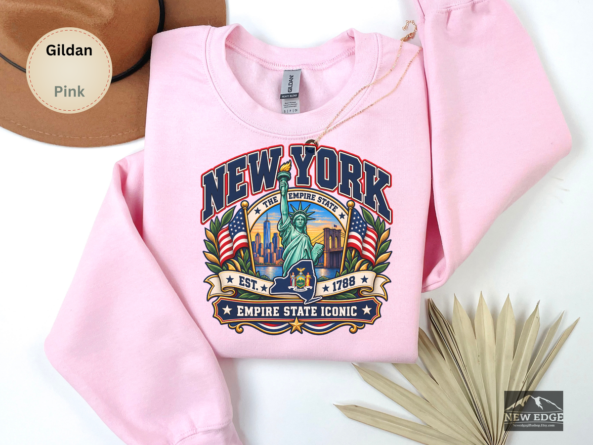New York Empire State Sweatshirt, Vintage NYC Skyline Statue of Liberty Brooklyn Bridge Gildan 18000 Crewneck