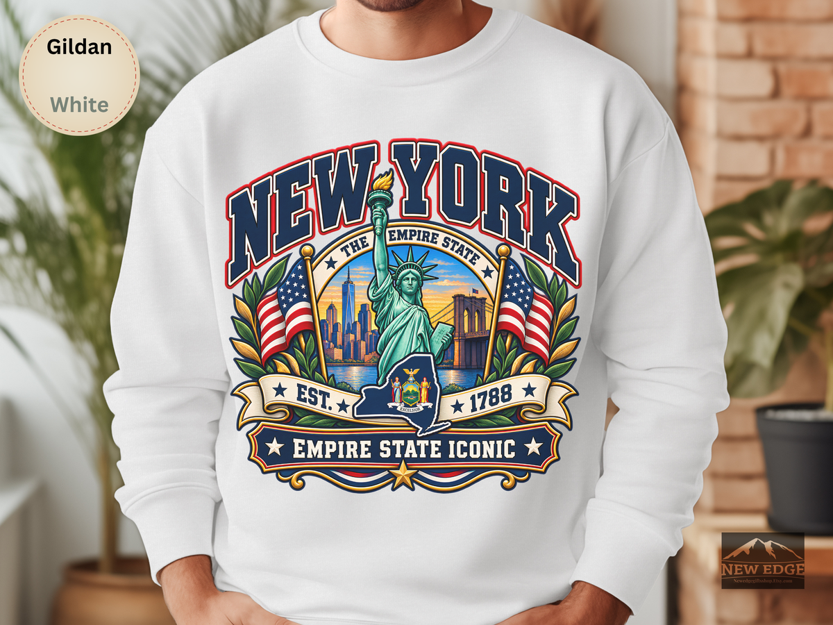 New York Empire State Sweatshirt, Vintage NYC Skyline Statue of Liberty Brooklyn Bridge Gildan 18000 Crewneck