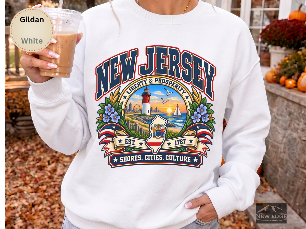 New Jersey Liberty and Prosperity Sweatshirt, Vintage Garden State Pride Gildan 18000, Shore City Heritage Crewneck