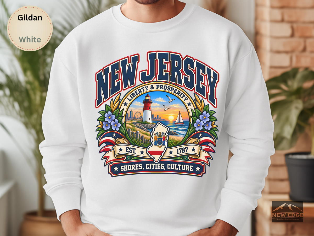 New Jersey Liberty and Prosperity Sweatshirt, Vintage Garden State Pride Gildan 18000, Shore City Heritage Crewneck