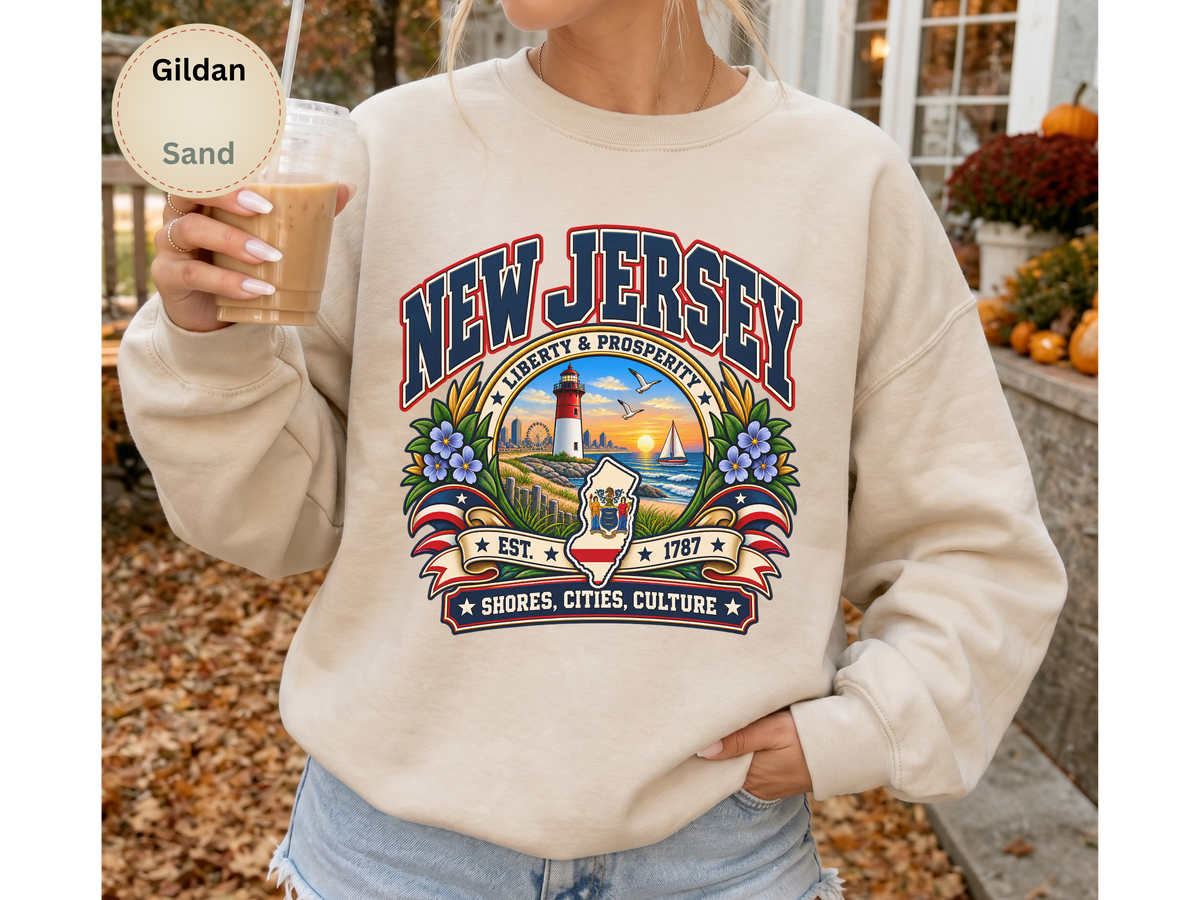 New Jersey Liberty and Prosperity Sweatshirt, Vintage Garden State Pride Gildan 18000, Shore City Heritage Crewneck