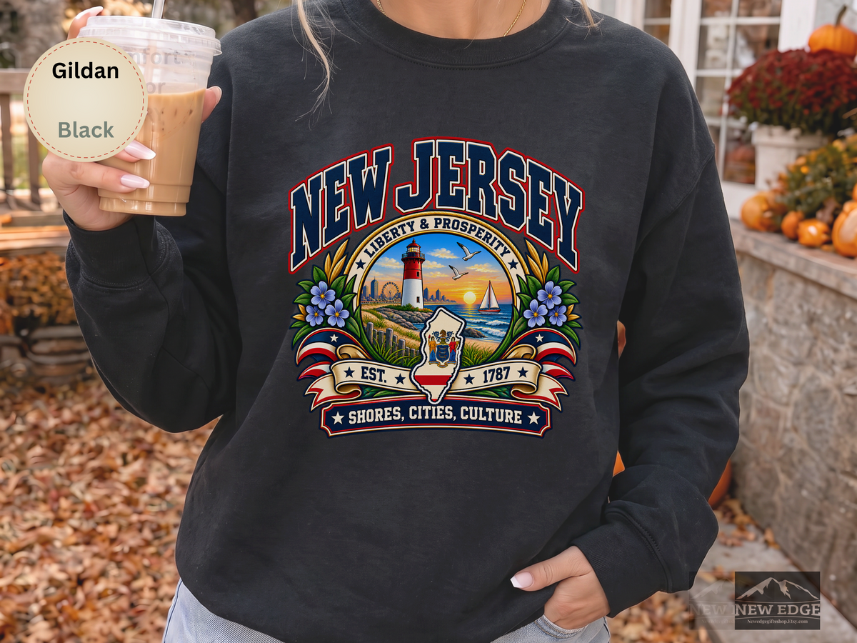 New Jersey Liberty and Prosperity Sweatshirt, Vintage Garden State Pride Gildan 18000, Shore City Heritage Crewneck
