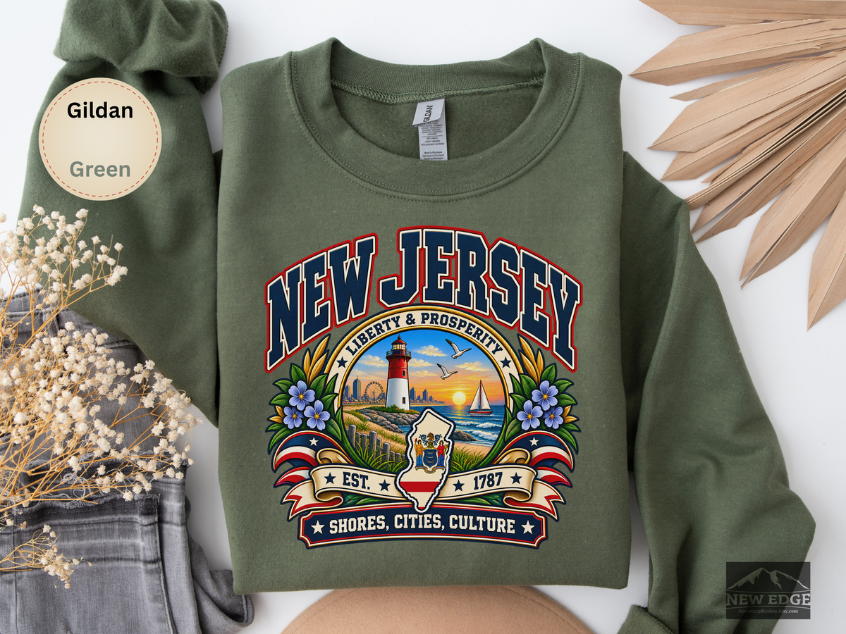 New Jersey Liberty and Prosperity Sweatshirt, Vintage Garden State Pride Gildan 18000, Shore City Heritage Crewneck