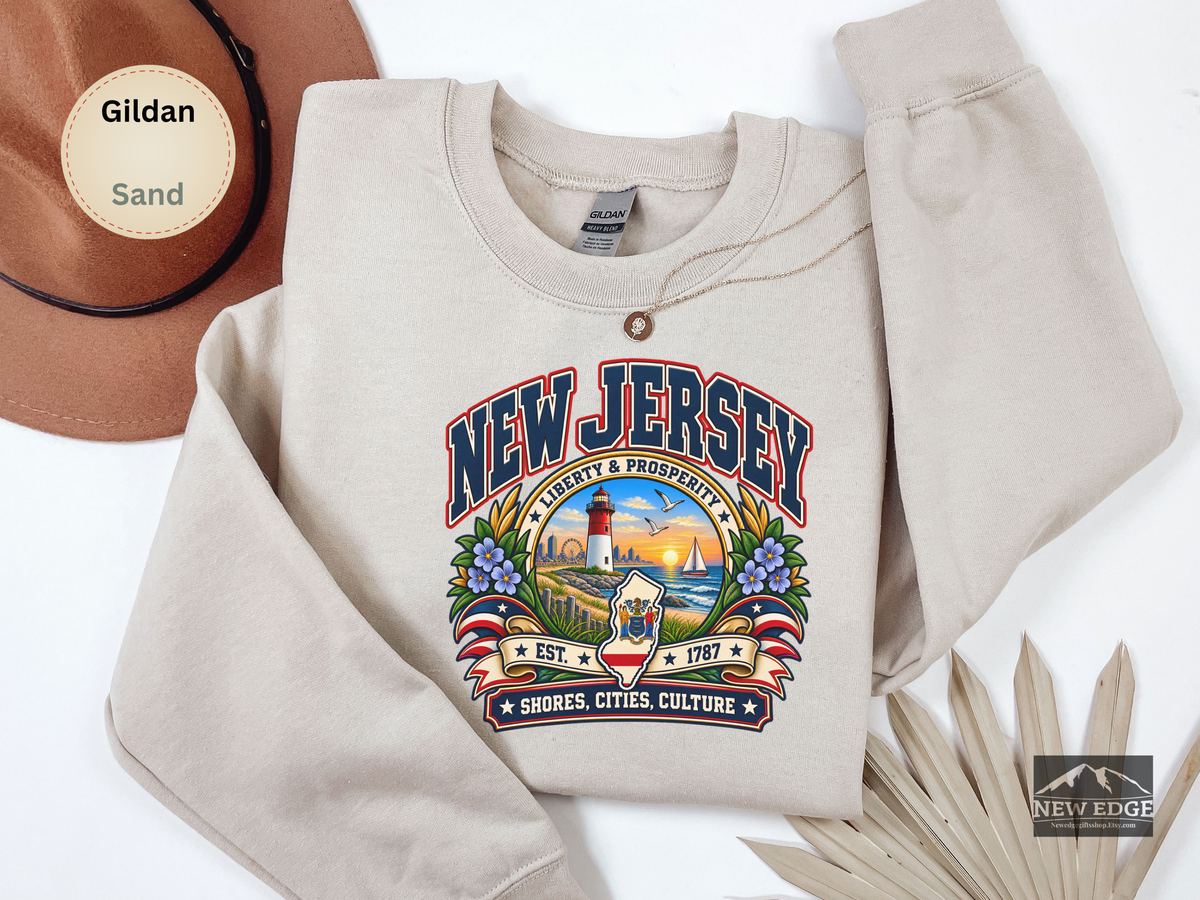 New Jersey Liberty and Prosperity Sweatshirt, Vintage Garden State Pride Gildan 18000, Shore City Heritage Crewneck
