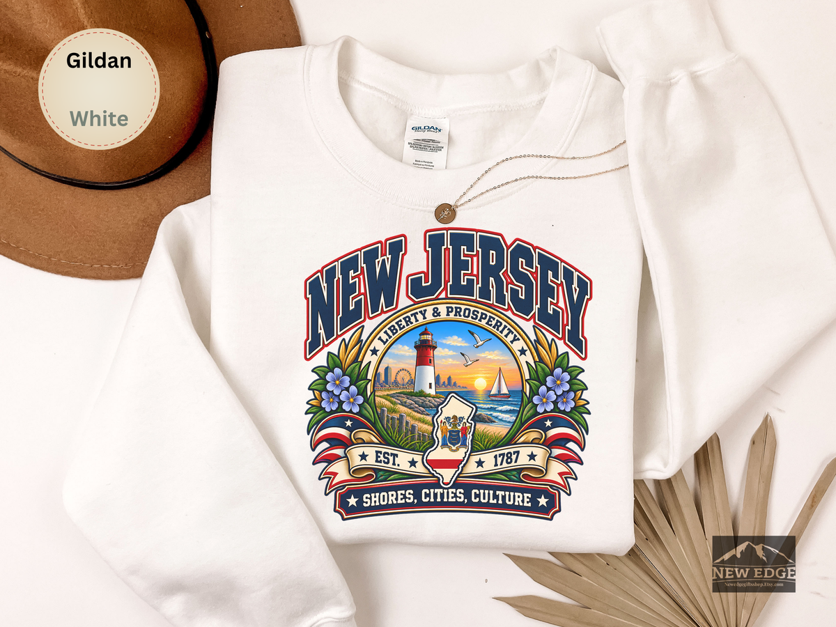 New Jersey Liberty and Prosperity Sweatshirt, Vintage Garden State Pride Gildan 18000, Shore City Heritage Crewneck
