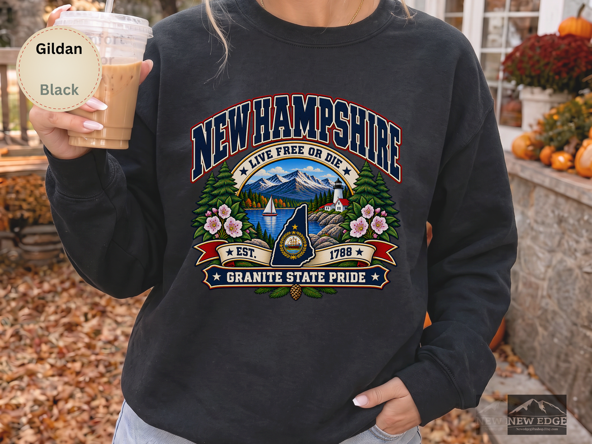 New Hampshire Live Free or Die Sweatshirt, Vintage Granite State Pride Gildan 18000 Crewneck