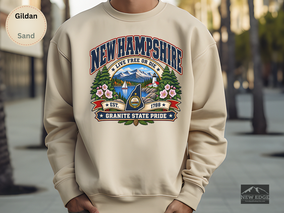 New Hampshire Live Free or Die Sweatshirt, Vintage Granite State Pride Gildan 18000 Crewneck