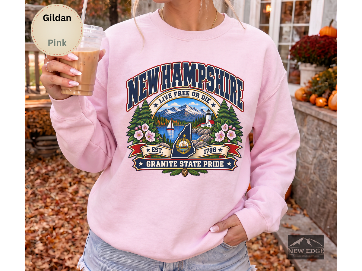 New Hampshire Live Free or Die Sweatshirt, Vintage Granite State Pride Gildan 18000 Crewneck