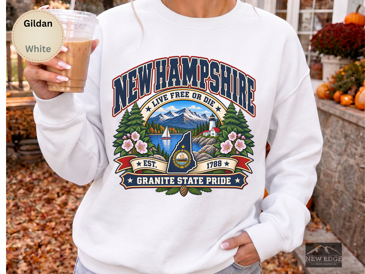 New Hampshire Live Free or Die Sweatshirt, Vintage Granite State Pride Gildan 18000 Crewneck