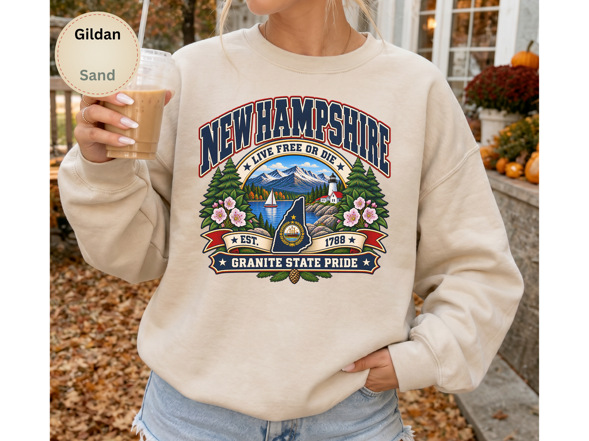 New Hampshire Live Free or Die Sweatshirt, Vintage Granite State Pride Gildan 18000 Crewneck