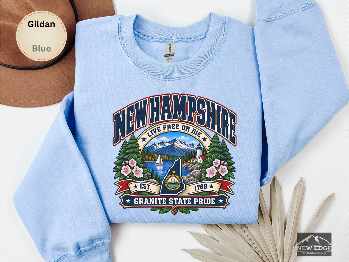 New Hampshire Live Free or Die Sweatshirt, Vintage Granite State Pride Gildan 18000 Crewneck