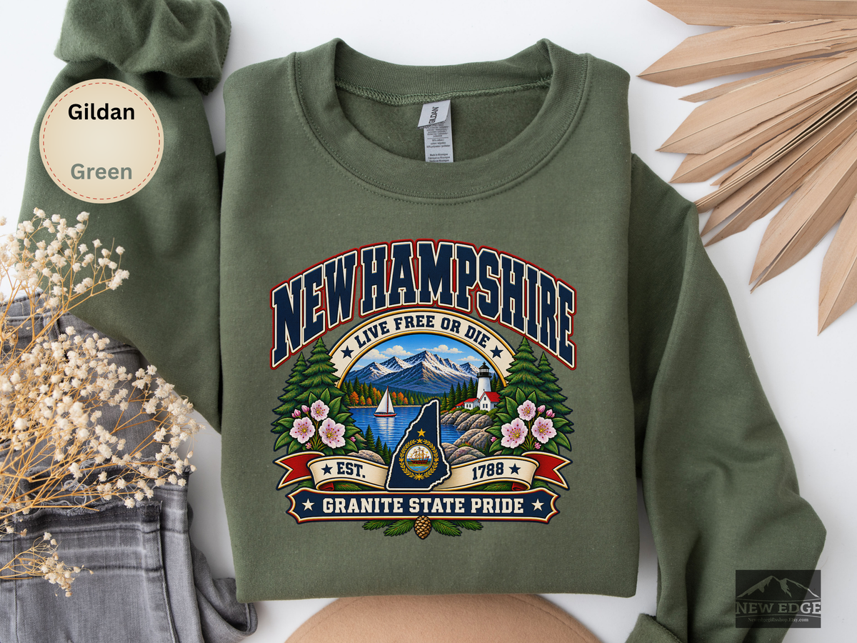 New Hampshire Live Free or Die Sweatshirt, Vintage Granite State Pride Gildan 18000 Crewneck