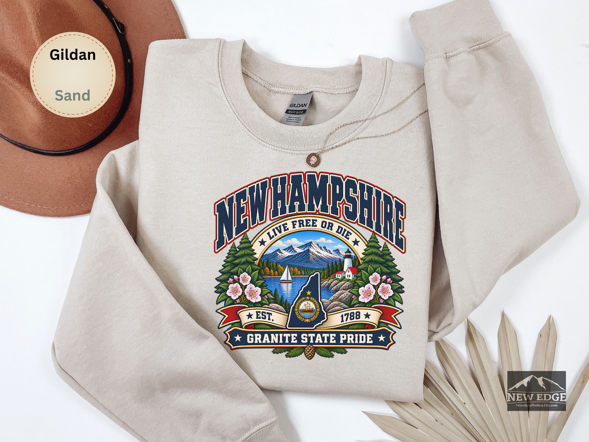 New Hampshire Live Free or Die Sweatshirt, Vintage Granite State Pride Gildan 18000 Crewneck