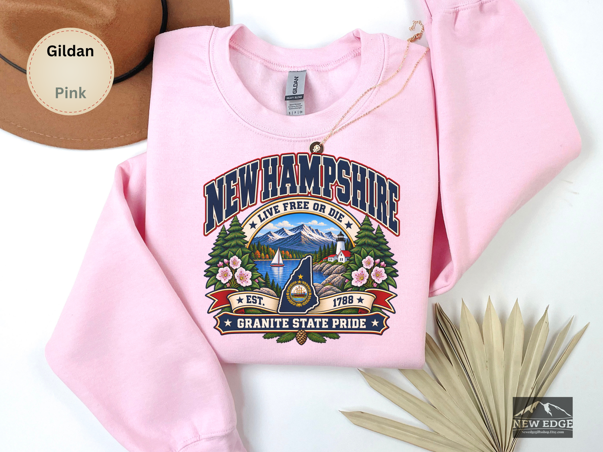 New Hampshire Live Free or Die Sweatshirt, Vintage Granite State Pride Gildan 18000 Crewneck