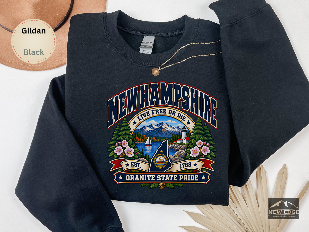 New Hampshire Live Free or Die Sweatshirt, Vintage Granite State Pride Gildan 18000 Crewneck