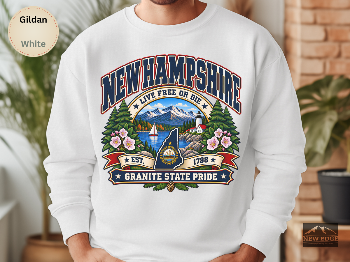 New Hampshire Live Free or Die Sweatshirt, Vintage Granite State Pride Gildan 18000 Crewneck