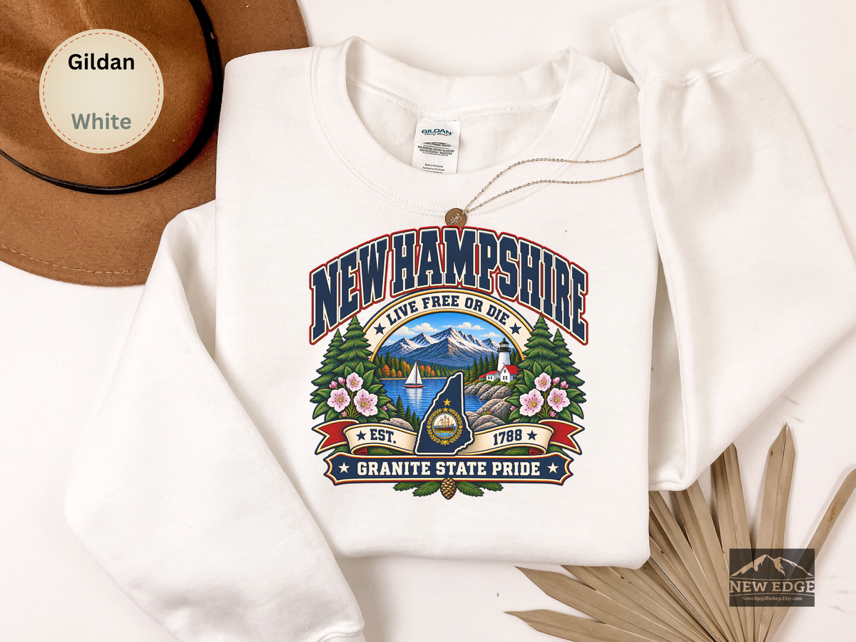 New Hampshire Live Free or Die Sweatshirt, Vintage Granite State Pride Gildan 18000 Crewneck