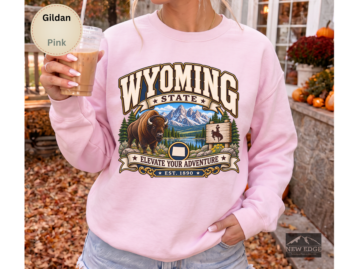 Wyoming Elevate Your Adventure Sweatshirt, Vintage Mountain Buffalo Gildan 18000 Crewneck, Scenic State Pride Gift