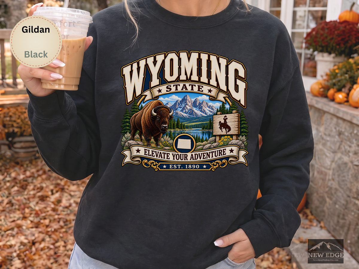 Wyoming Elevate Your Adventure Sweatshirt, Vintage Mountain Buffalo Gildan 18000 Crewneck, Scenic State Pride Gift