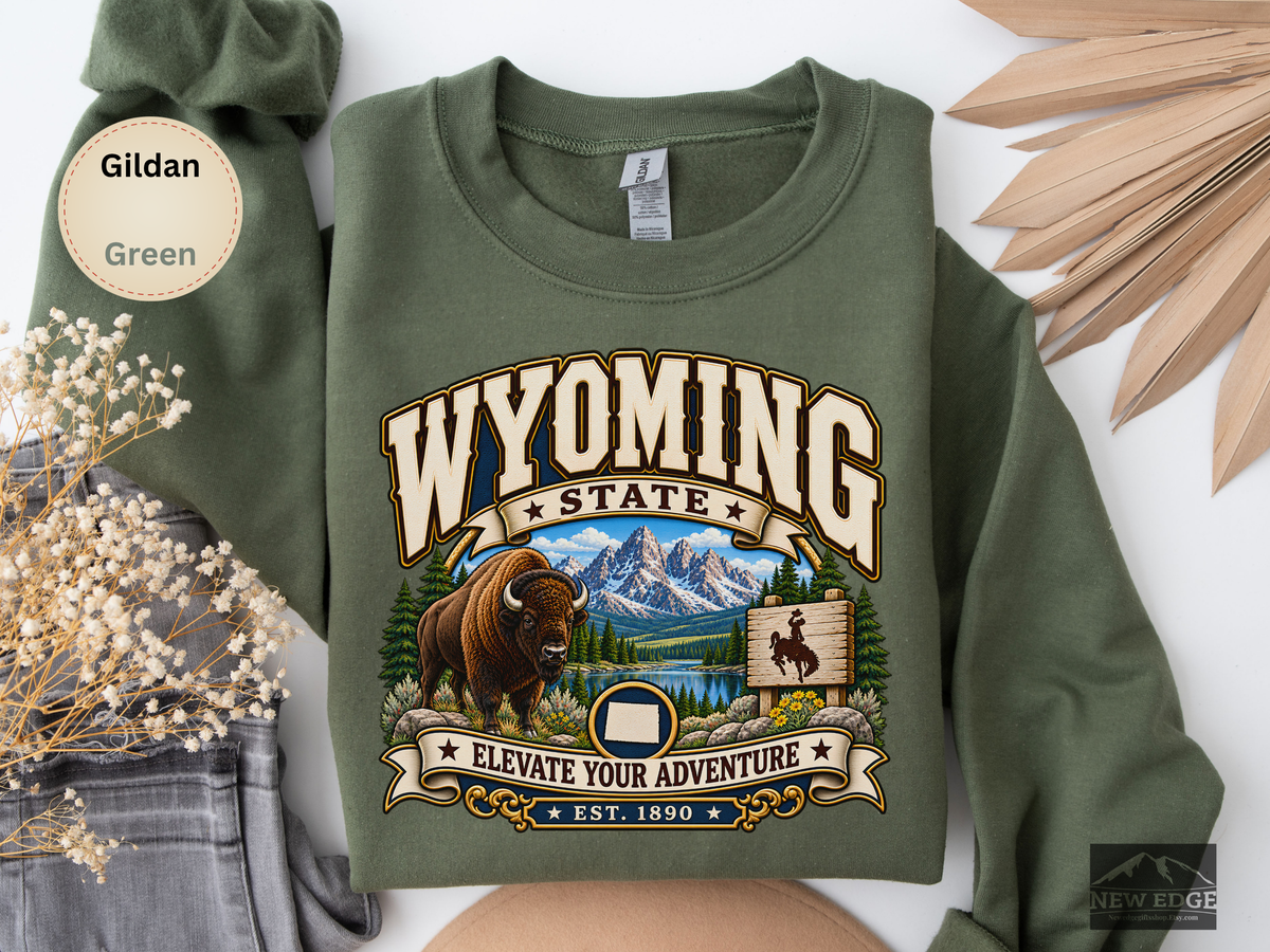 Wyoming Elevate Your Adventure Sweatshirt, Vintage Mountain Buffalo Gildan 18000 Crewneck, Scenic State Pride Gift