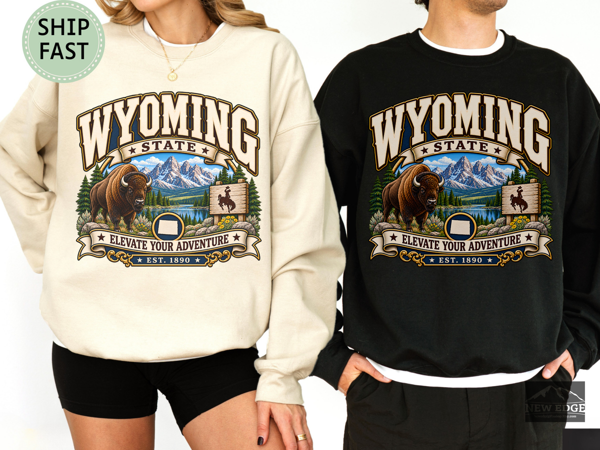 Wyoming Elevate Your Adventure Sweatshirt, Vintage Mountain Buffalo Gildan 18000 Crewneck, Scenic State Pride Gift