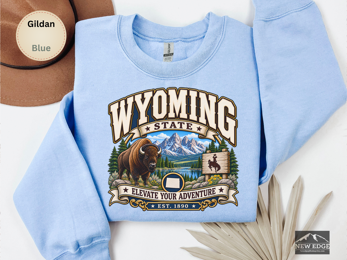 Wyoming Elevate Your Adventure Sweatshirt, Vintage Mountain Buffalo Gildan 18000 Crewneck, Scenic State Pride Gift