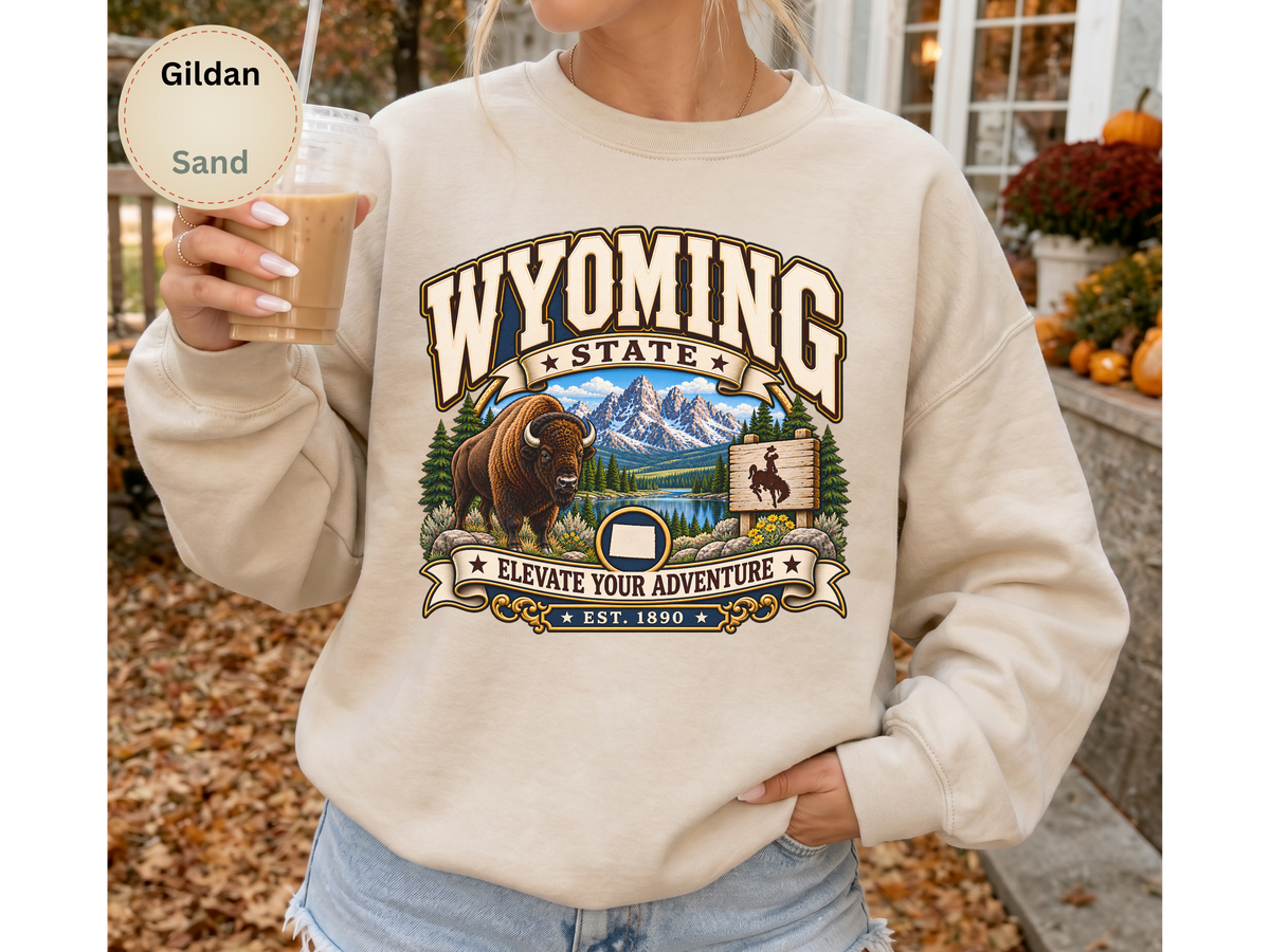 Wyoming Elevate Your Adventure Sweatshirt, Vintage Mountain Buffalo Gildan 18000 Crewneck, Scenic State Pride Gift