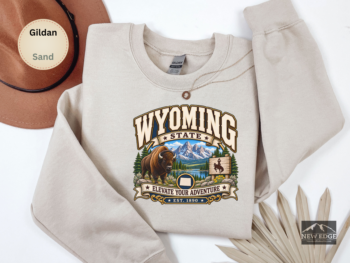 Wyoming Elevate Your Adventure Sweatshirt, Vintage Mountain Buffalo Gildan 18000 Crewneck, Scenic State Pride Gift