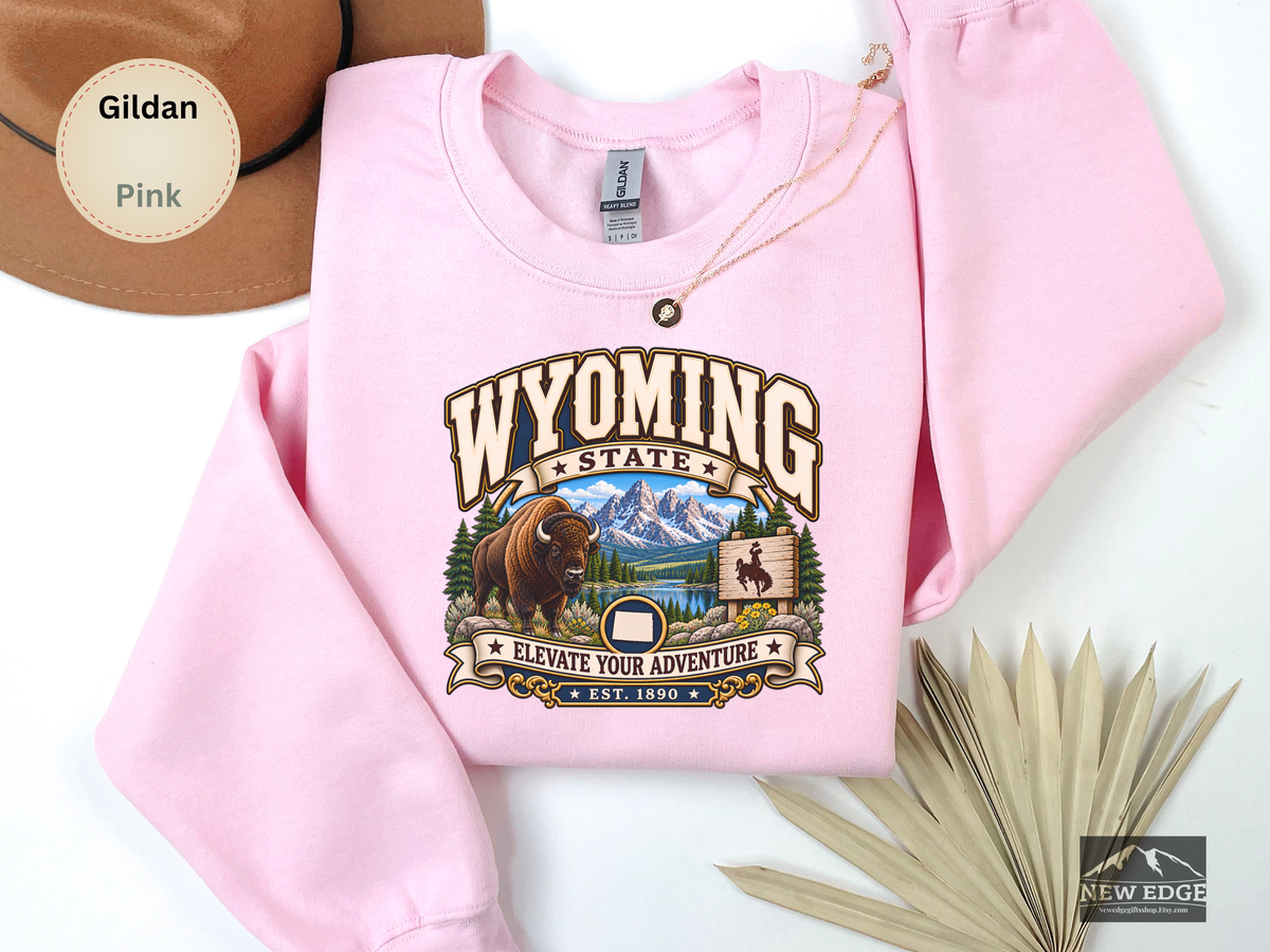 Wyoming Elevate Your Adventure Sweatshirt, Vintage Mountain Buffalo Gildan 18000 Crewneck, Scenic State Pride Gift