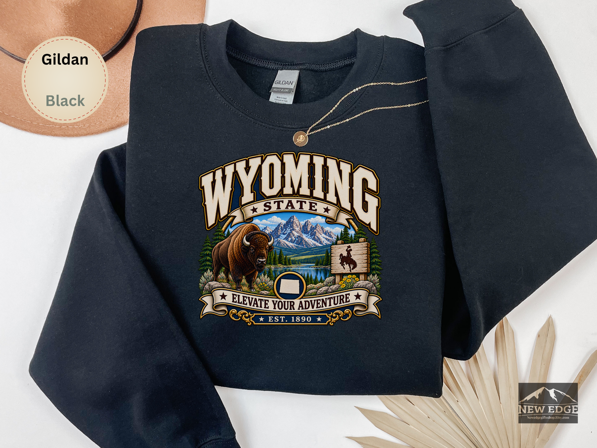 Wyoming Elevate Your Adventure Sweatshirt, Vintage Mountain Buffalo Gildan 18000 Crewneck, Scenic State Pride Gift