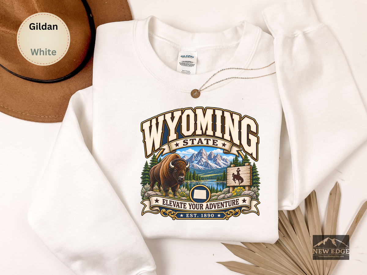 Wyoming Elevate Your Adventure Sweatshirt, Vintage Mountain Buffalo Gildan 18000 Crewneck, Scenic State Pride Gift