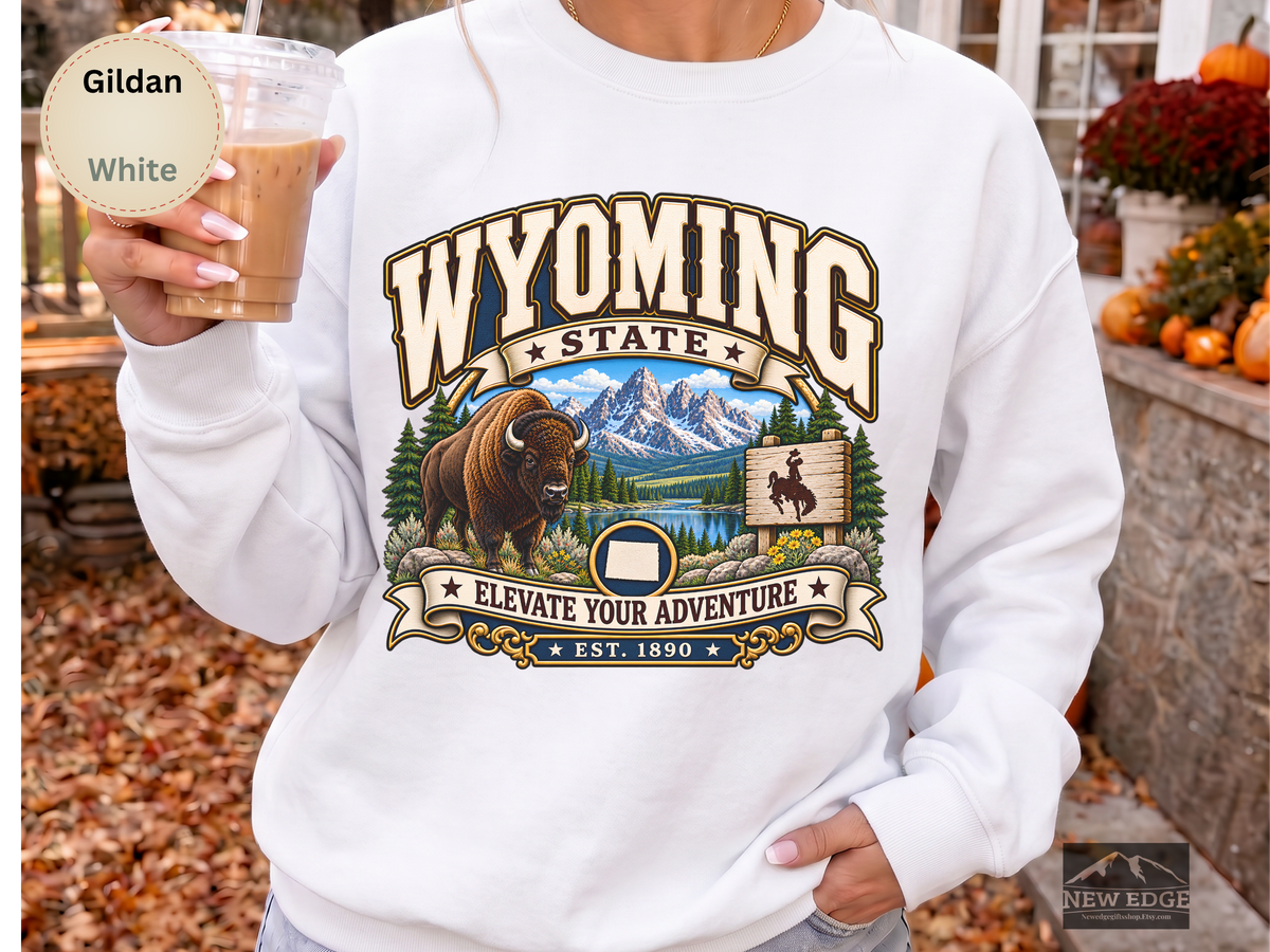 Wyoming Elevate Your Adventure Sweatshirt, Vintage Mountain Buffalo Gildan 18000 Crewneck, Scenic State Pride Gift