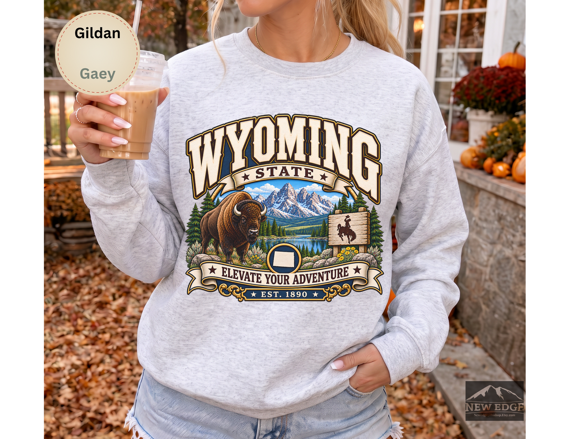 Wyoming Elevate Your Adventure Sweatshirt, Vintage Mountain Buffalo Gildan 18000 Crewneck, Scenic State Pride Gift