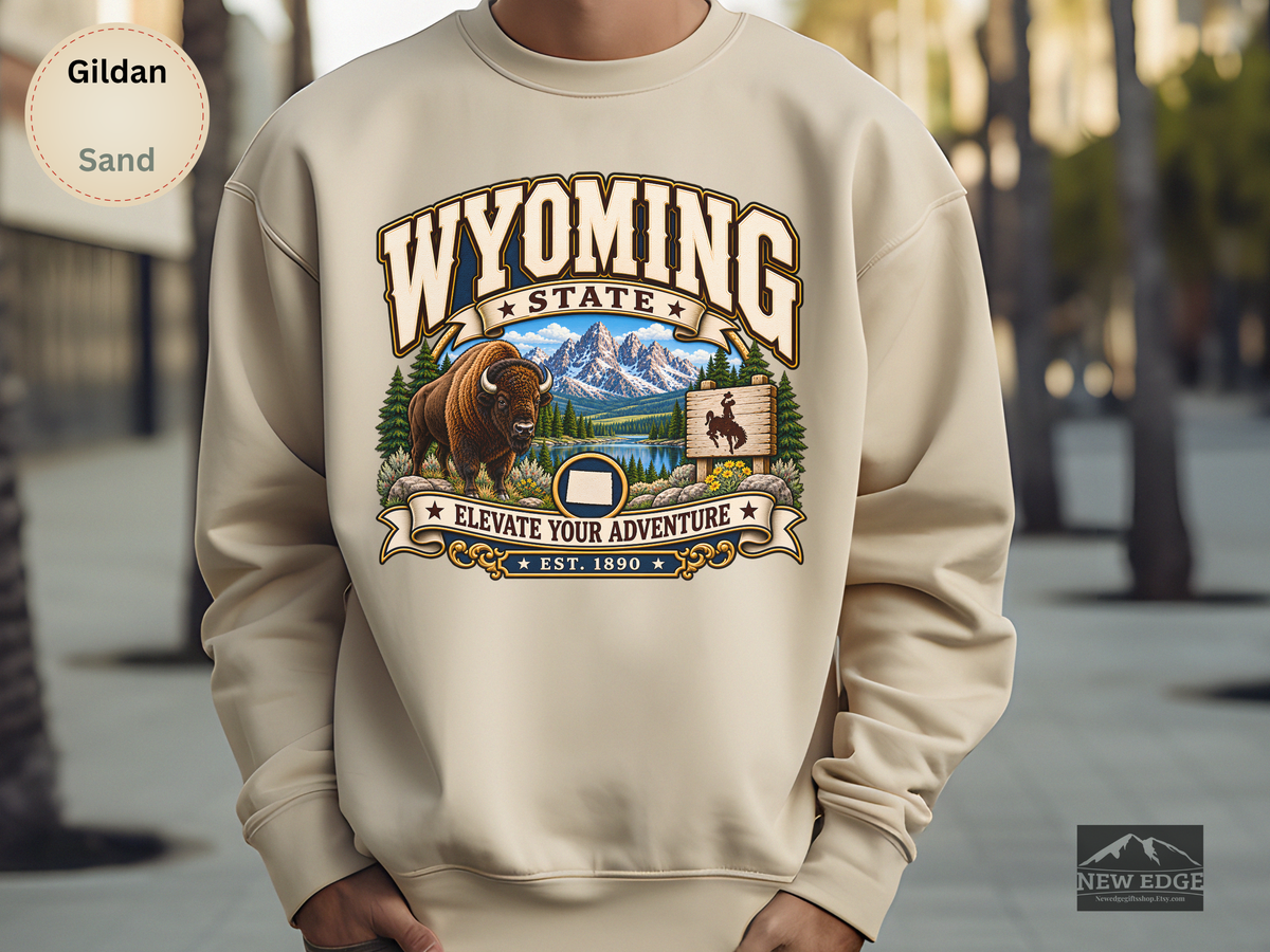 Wyoming Elevate Your Adventure Sweatshirt, Vintage Mountain Buffalo Gildan 18000 Crewneck, Scenic State Pride Gift