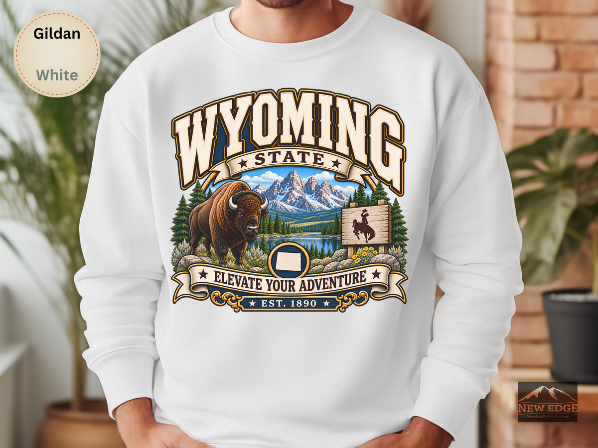 Wyoming Elevate Your Adventure Sweatshirt, Vintage Mountain Buffalo Gildan 18000 Crewneck, Scenic State Pride Gift