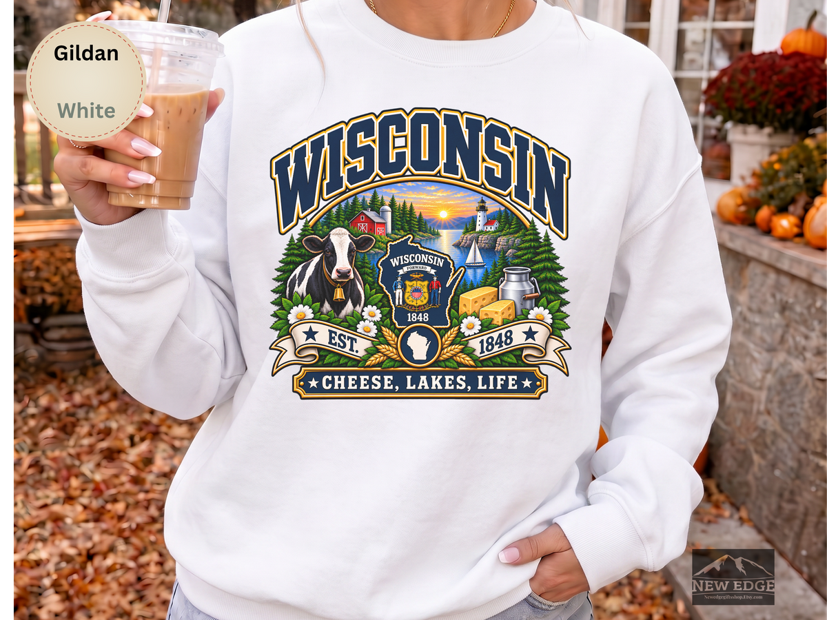 Wisconsin Cheese Lakes Life Sweatshirt, Vintage State Pride Gildan 18000 Crewneck, Scenic Wisconsin Gift