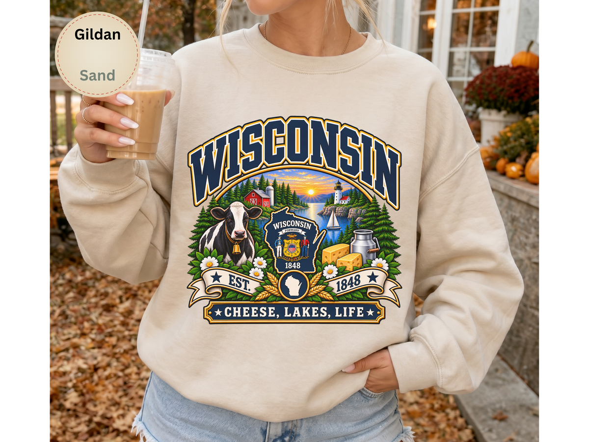 Wisconsin Cheese Lakes Life Sweatshirt, Vintage State Pride Gildan 18000 Crewneck, Scenic Wisconsin Gift