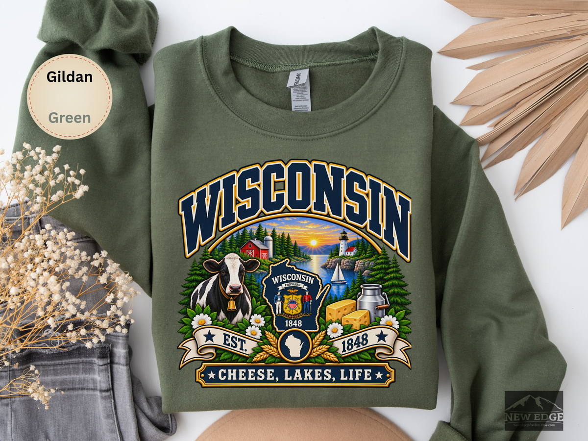 Wisconsin Cheese Lakes Life Sweatshirt, Vintage State Pride Gildan 18000 Crewneck, Scenic Wisconsin Gift